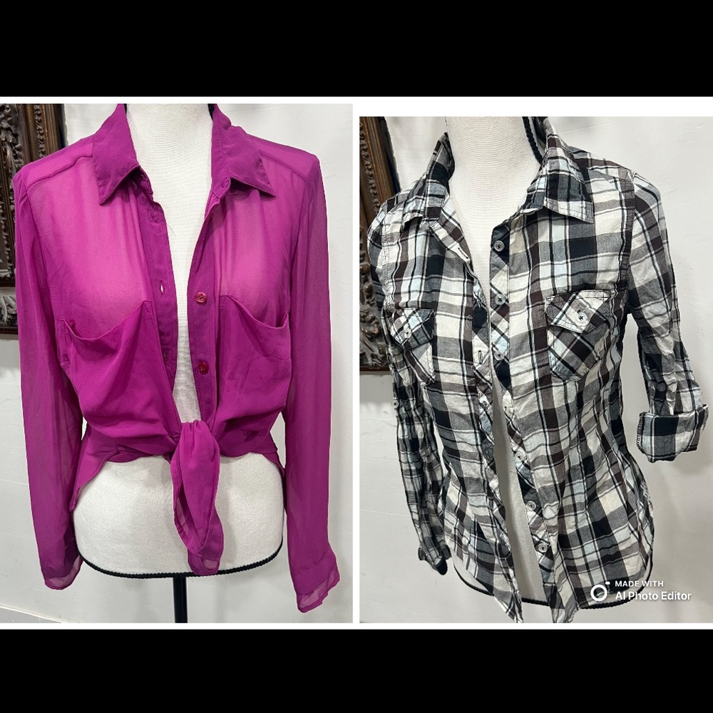 BCBGeneration Fuchsia Sheer Tie-Front Blouse . And Plaid long sleeve blouse (M)